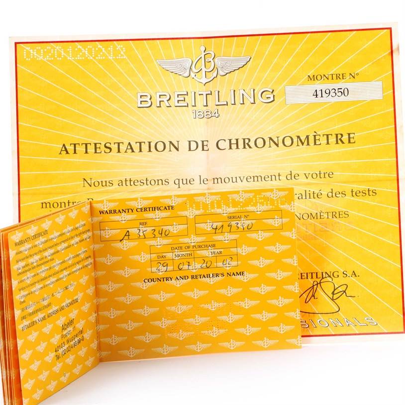 This image shows the certification and warranty documents for the Breitling Navitimer A35340 Men's Stainless Steel Silver Dial A35340 Men's Stainless Steel Silver Dial watch.