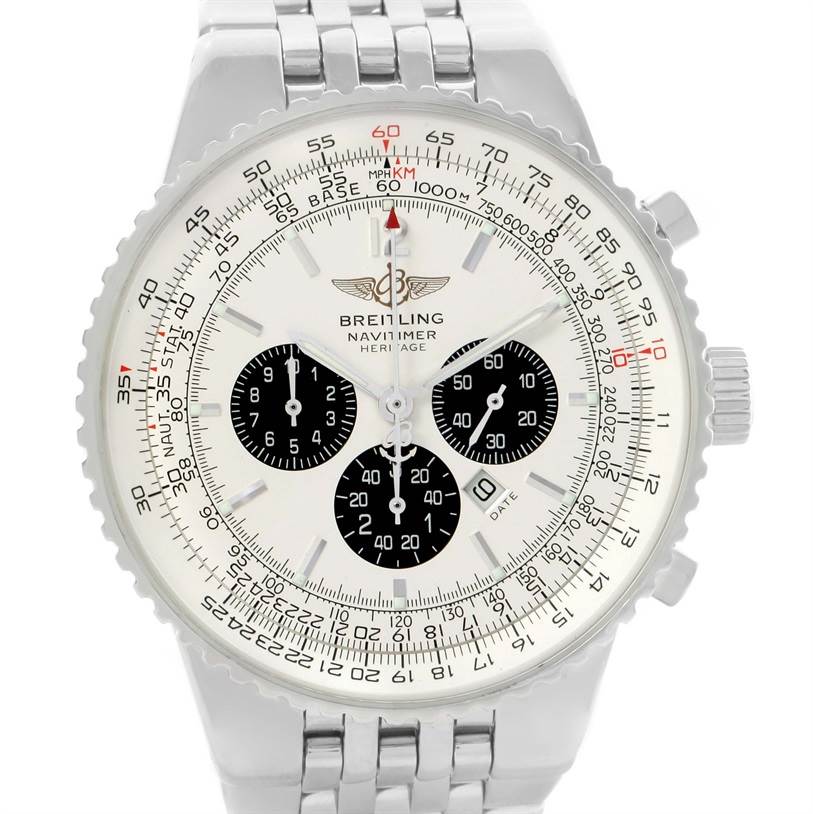 The image shows a front view of the Breitling Navitimer A35340 Men's Stainless Steel Silver Dial A35340 Men's Stainless Steel Silver Dial watch, displaying its dial, bezel, chronograph subdials, and bracelet.
