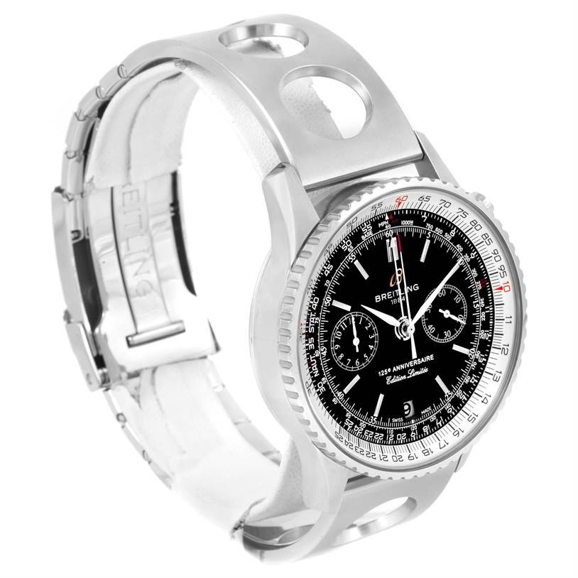 The image shows a front and side angle of a Breitling Navitimer A26322 Men's Stainless Steel Black Dial A26322 Men's Stainless Steel Black Dial watch with a black dial and metal bracelet.