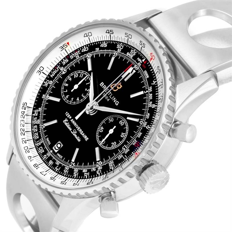 The Breitling Navitimer A26322 Men's Stainless Steel Black Dial A26322 Men's Stainless Steel Black Dial watch is shown at an angled top-down view highlighting its black dial, subdials, bezel, and crown.