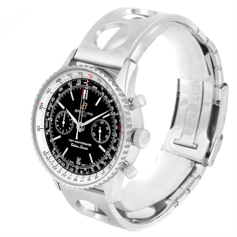 The image shows a Breitling Navitimer A26322 Men's Stainless Steel Black Dial A26322 Men's Stainless Steel Black Dial watch from a front angle, highlighting its black dial, bezel, and metal bracelet.