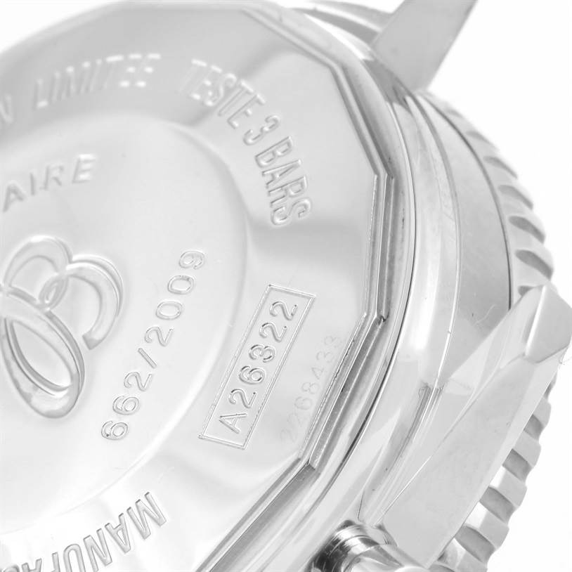 The image shows the back case of a Breitling Navitimer A26322 Men's Stainless Steel Black Dial A26322 Men's Stainless Steel Black Dial watch, highlighting its model number and limited edition engraving.