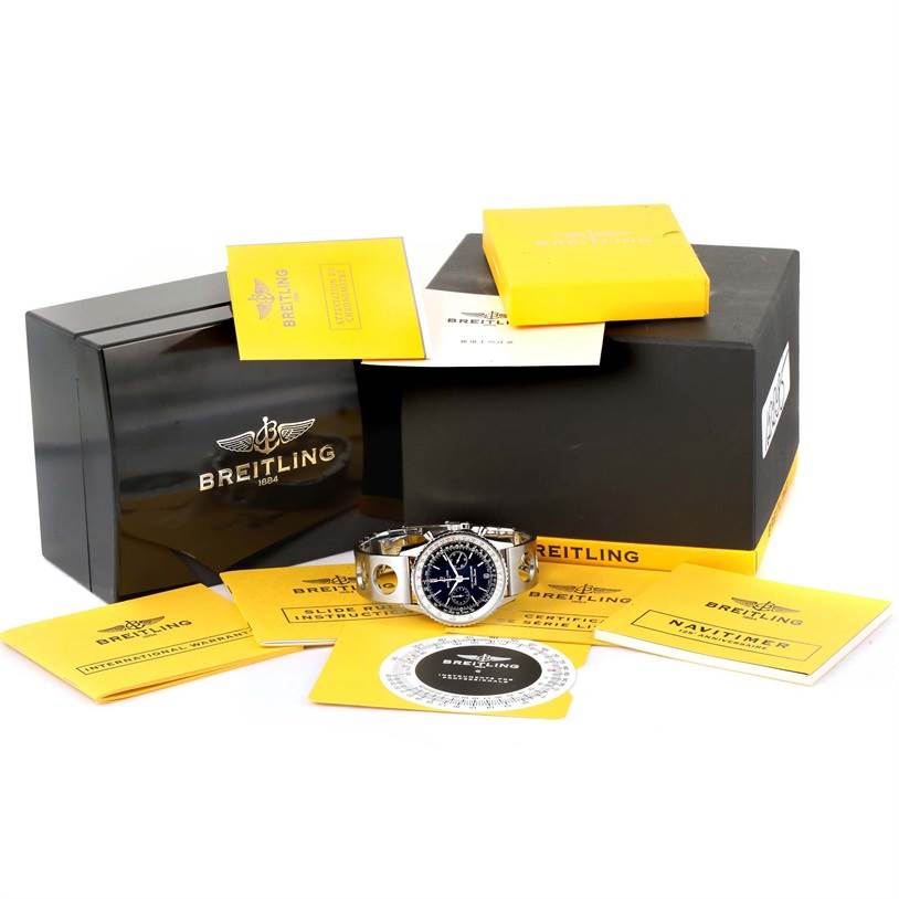 The image shows a Breitling Navitimer A26322 Men's Stainless Steel Black Dial A26322 Men's Stainless Steel Black Dial watch with its box, manuals, and warranty cards, displayed at an angle focusing on the front.