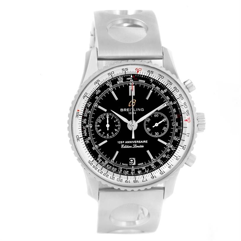 The image shows a front view of the Breitling Navitimer A26322 Men's Stainless Steel Black Dial A26322 Men's Stainless Steel Black Dial watch, detailing its dial, bezel, and part of the metal strap.
