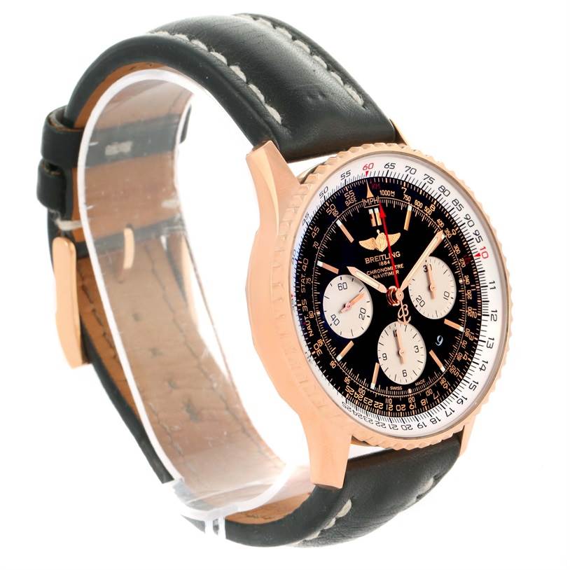 The image shows a Breitling Navitimer RB0120 Men's Rose Gold Black Dial RB0120 Men's Rose Gold Black Dial watch at a 45-degree angle, featuring its face, bezel, and leather strap.