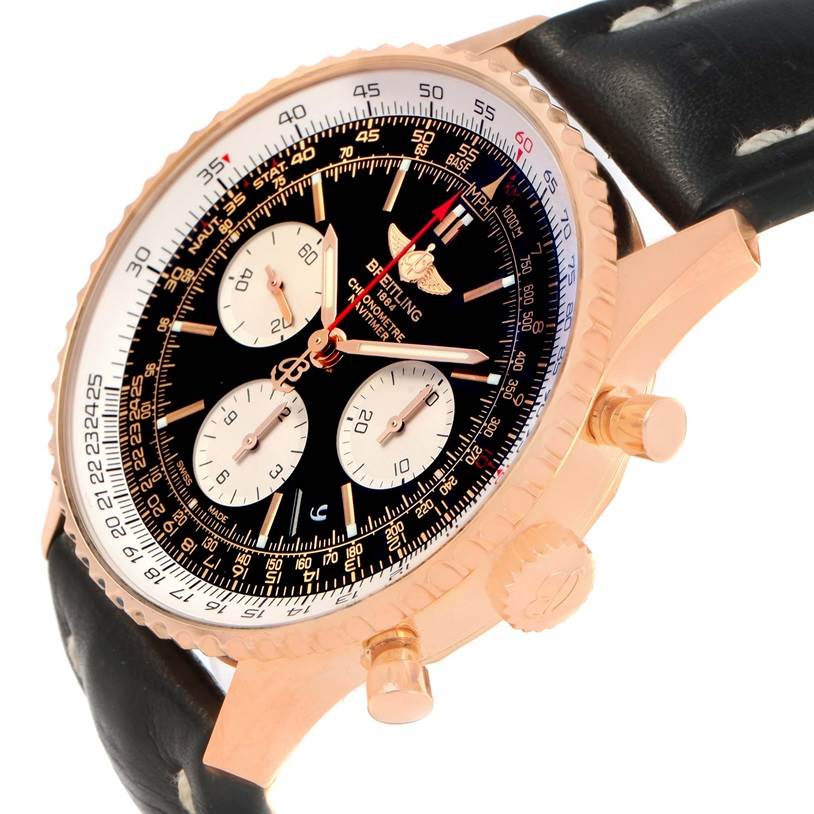 The Breitling Navitimer RB0120 Men's Rose Gold Black Dial RB0120 Men's Rose Gold Black Dial watch is shown from an angled side view displaying the crown, pushers, and black dial with subdials.