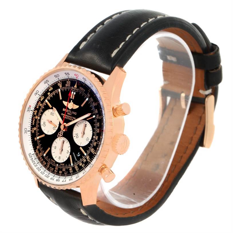 The Breitling Navitimer RB0120 Men's Rose Gold Black Dial RB0120 Men's Rose Gold Black Dial watch is shown at a slight angle, displaying the face, bezel, pushers, and strap clearly.