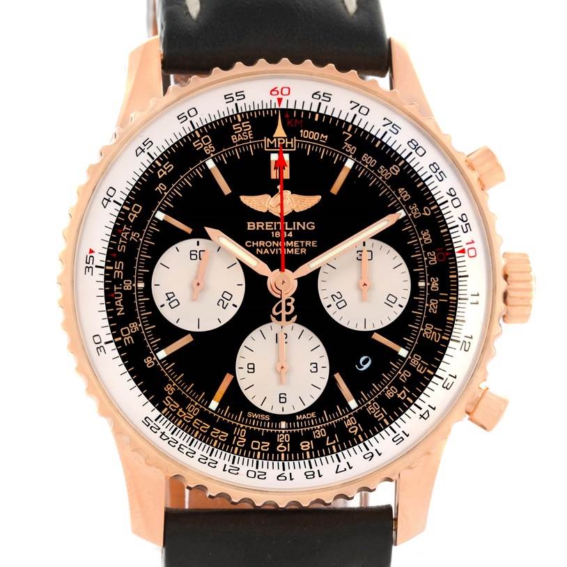 The image shows a frontal view of a Breitling Navitimer RB0120 Men's Rose Gold Black Dial RB0120 Men's Rose Gold Black Dial watch, highlighting its dial, bezel, and chronograph subdials.