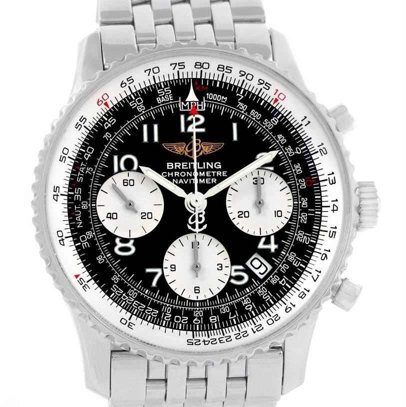 The image shows a front view of the Breitling Navitimer A23322 Men's Stainless Steel Black Dial A23322 Men's Stainless Steel Black Dial watch, displaying its face, bezel, and metal bracelet.