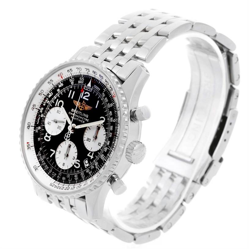 The Breitling Navitimer A23322 Men's Stainless Steel Black Dial A23322 Men's Stainless Steel Black Dial watch is shown from a front-side angle, displaying its dial, bezel, crown, and metal bracelet.