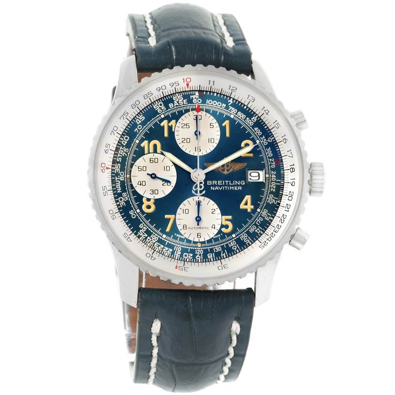 The image shows a Breitling Navitimer A13022 Men
s Stainless Steel Blue Dial A13022 Men
s Stainless Steel Blue Dial watch from the front, displaying its dial, bezel, and leather strap.