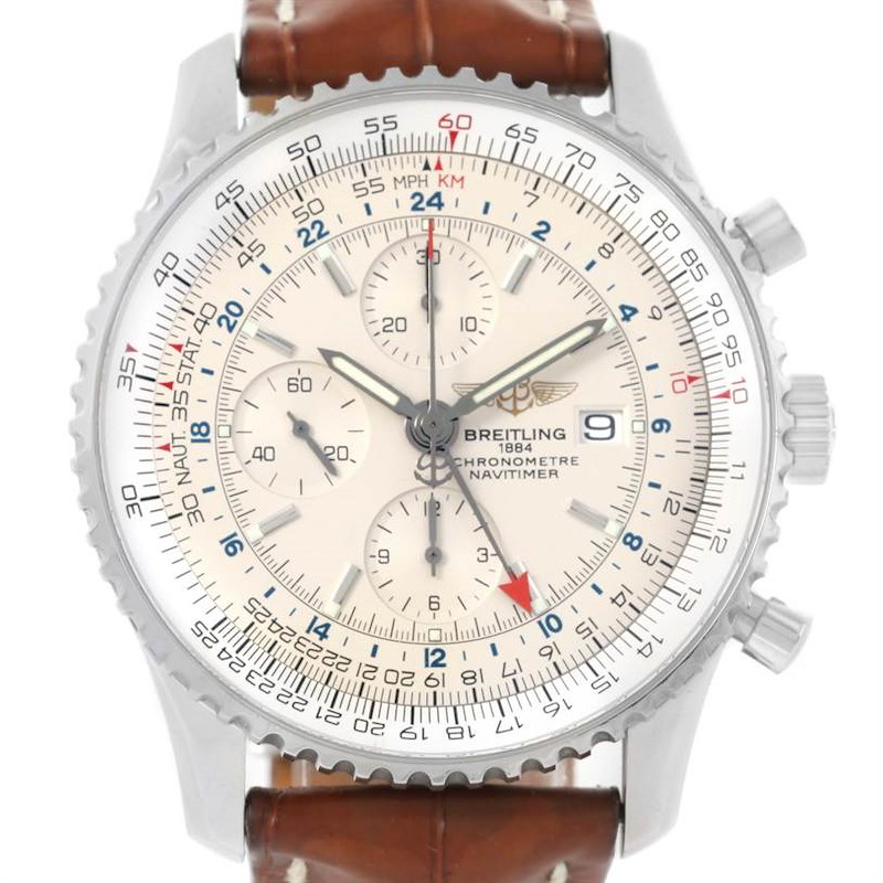 The image shows a front view of a Breitling Navitimer watch, highlighting its dial, subdials, bezel, and leather strap.