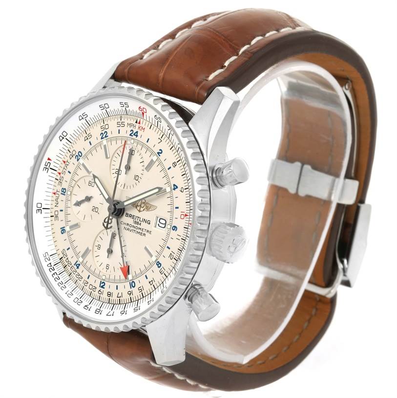 The image shows a Breitling Navitimer A24322 Men's Stainless Steel Silver Dial A24322 Men's Stainless Steel Silver Dial watch at a slight angle, highlighting its dial, bezel, and leather strap.