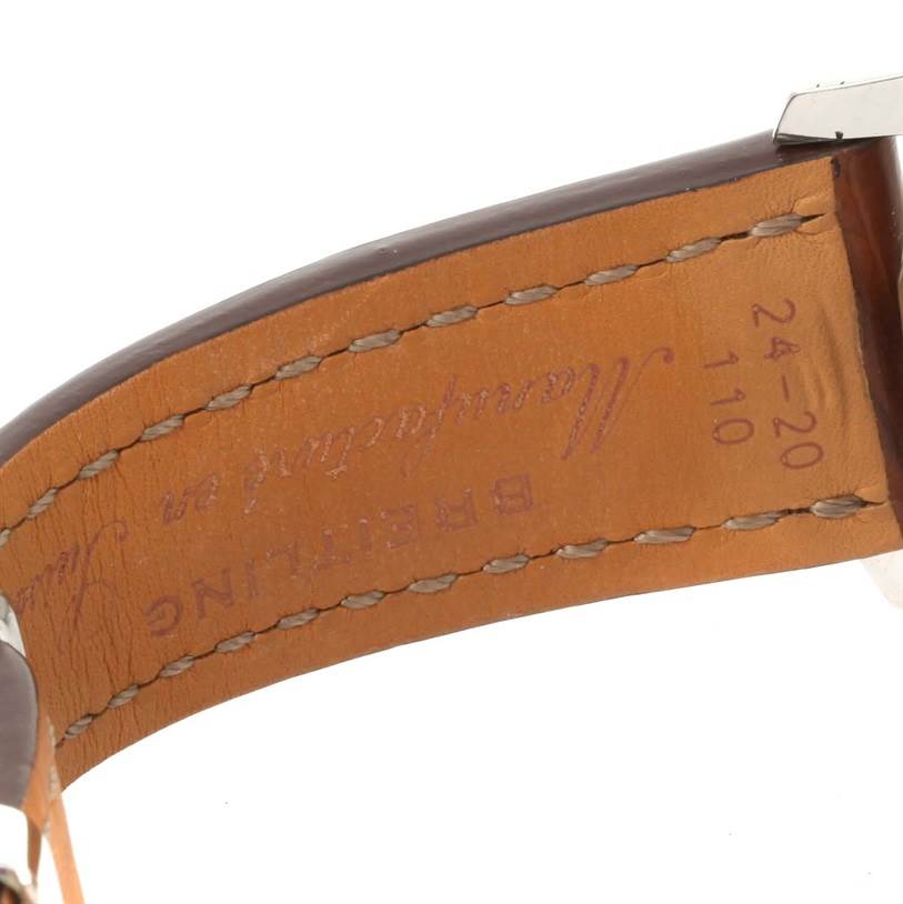 The image shows the underside of a leather strap for a Breitling Navitimer A24322 Men's Stainless Steel Silver Dial A24322 Men's Stainless Steel Silver Dial watch, displaying stitching and sizing details.