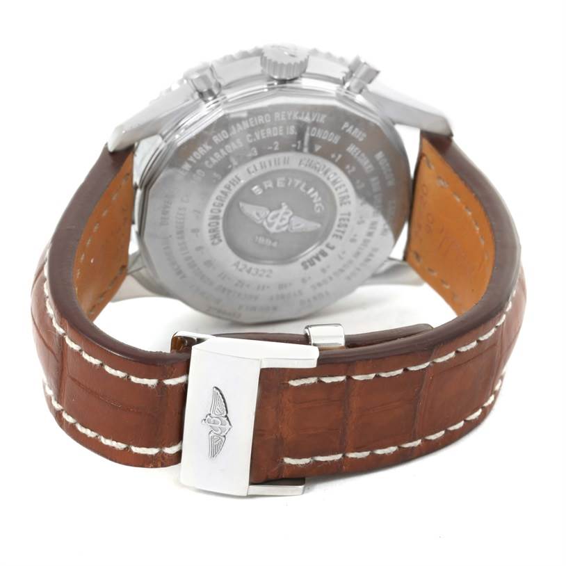 This image shows the back case and clasp of a Breitling Navitimer A24322 Men's Stainless Steel Silver Dial A24322 Men's Stainless Steel Silver Dial watch, featuring a leather strap and engraved details.