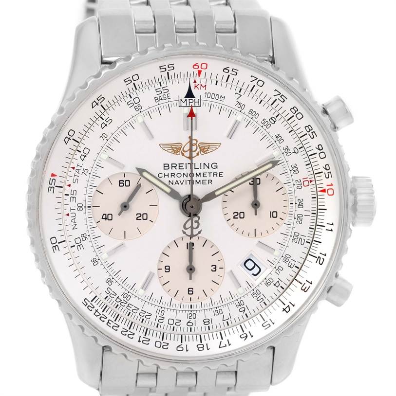 This image shows the front view of a Breitling Navitimer A23322 Men's Stainless Steel Silver Dial A23322 Men's Stainless Steel Silver Dial, including the dial, bezel, subdials, and part of the bracelet.