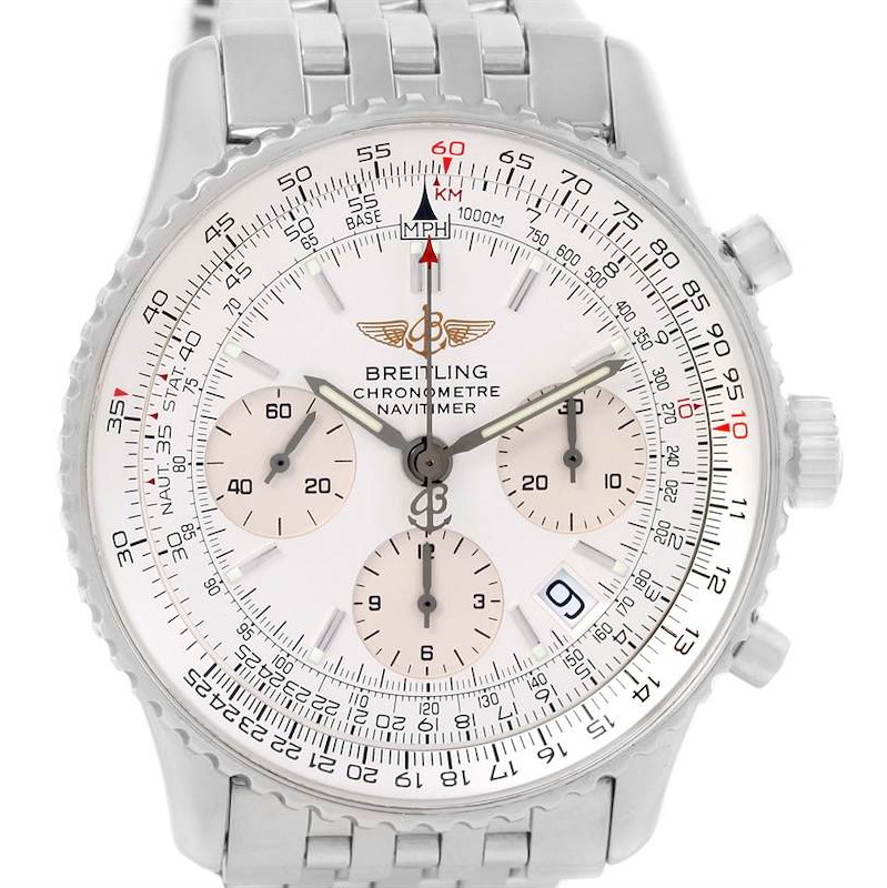 This image shows the front view of a Breitling Navitimer, including the dial, bezel, subdials, and part of the bracelet.