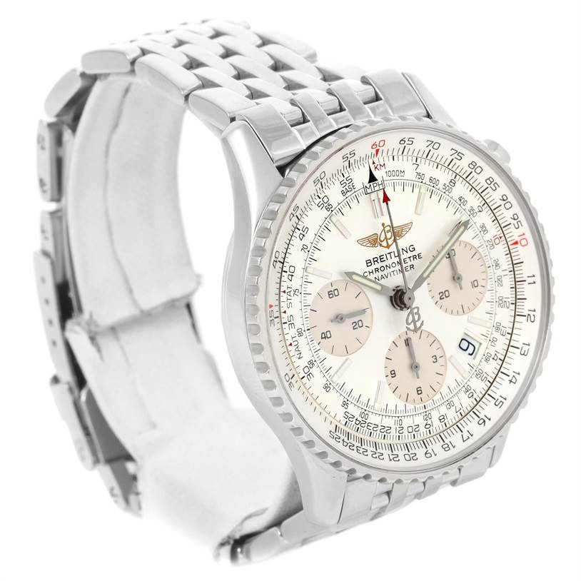 The image shows a Breitling Navitimer A23322 Men's Stainless Steel Silver Dial A23322 Men's Stainless Steel Silver Dial watch at a 3/4 angle highlighting the face, bezel, and a portion of the metal bracelet band.