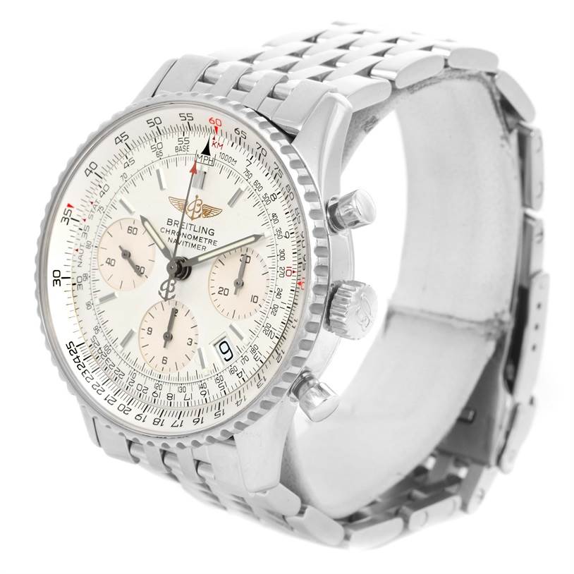The image shows a side angle of the Breitling Navitimer A23322 Men's Stainless Steel Silver Dial A23322 Men's Stainless Steel Silver Dial watch, featuring its face, bezel, crown, pushers, and bracelet.