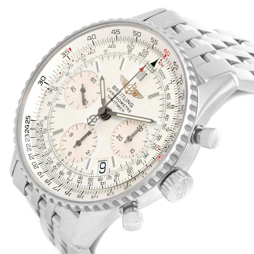 This Breitling Navitimer A23322 Men's Stainless Steel Silver Dial A23322 Men's Stainless Steel Silver Dial watch is shown at an angle highlighting the face, crown, pushers, and part of the metal bracelet.