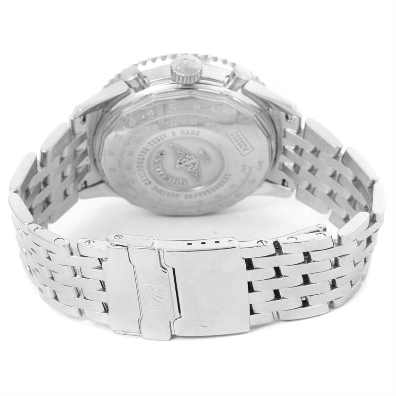This image shows the back view of a Breitling Navitimer A23322 Men's Stainless Steel Silver Dial A23322 Men's Stainless Steel Silver Dial watch, including the case back and the metal bracelet with the clasp.