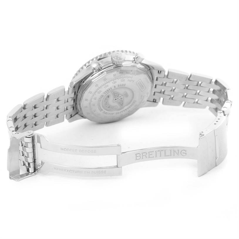 The image shows the back case and partially open metal bracelet of a Breitling Navitimer A23322 Men's Stainless Steel Silver Dial A23322 Men's Stainless Steel Silver Dial watch.