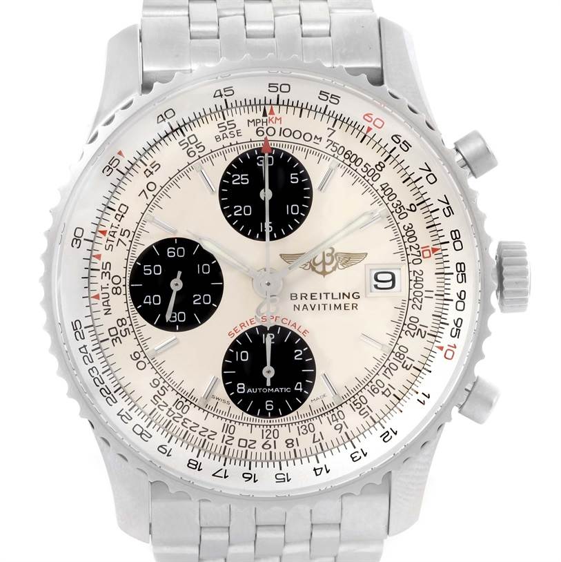 The image shows a front view of a Breitling Navitimer A13330 Men's Stainless Steel Silver Dial A13330 Men's Stainless Steel Silver Dial watch, highlighting the dial, chronograph subdials, date window, and bezel.