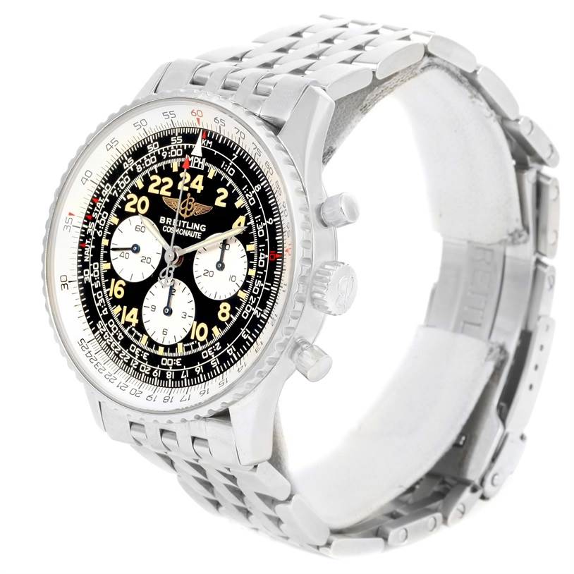The image shows a Breitling Navitimer A12022 Men
s Stainless Steel Black Dial A12022 Men
s Stainless Steel Black Dial watch angled from the front-left, highlighting the dial, crown, pushers, and bracelet.