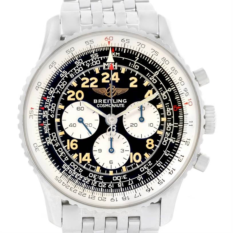 The image shows a front view of the Breitling Navitimer A12022 Men
s Stainless Steel Black Dial A12022 Men
s Stainless Steel Black Dial Cosmonauté watch, highlighting its face, bezel, and bracelet.