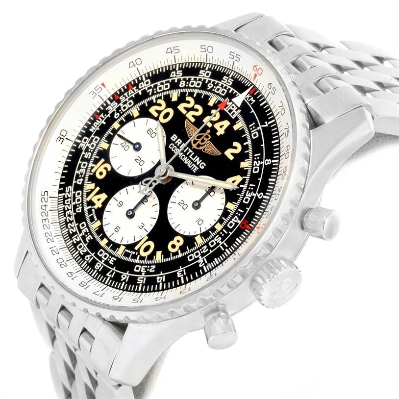 The image shows a Breitling Navitimer A12022 Men
s Stainless Steel Black Dial A12022 Men
s Stainless Steel Black Dial watch at a three-quarter angle, highlighting the dial, bezel, crown, and bracelet.