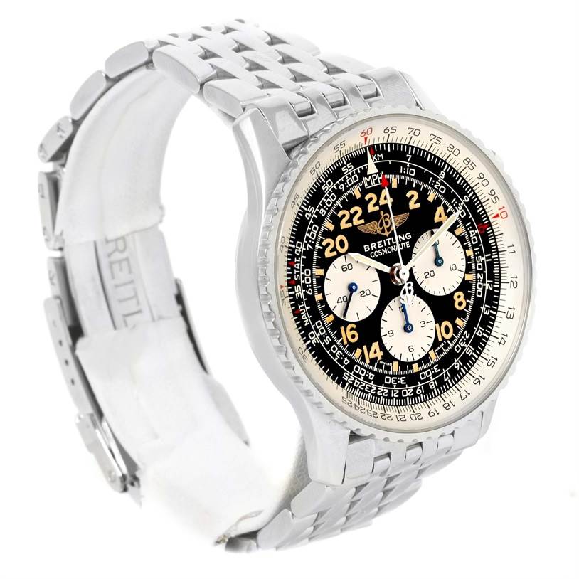 This image shows a Breitling Navitimer A12022 Men
s Stainless Steel Black Dial A12022 Men
s Stainless Steel Black Dial watch at a three-quarter angle displaying the dial, bezel, and bracelet.