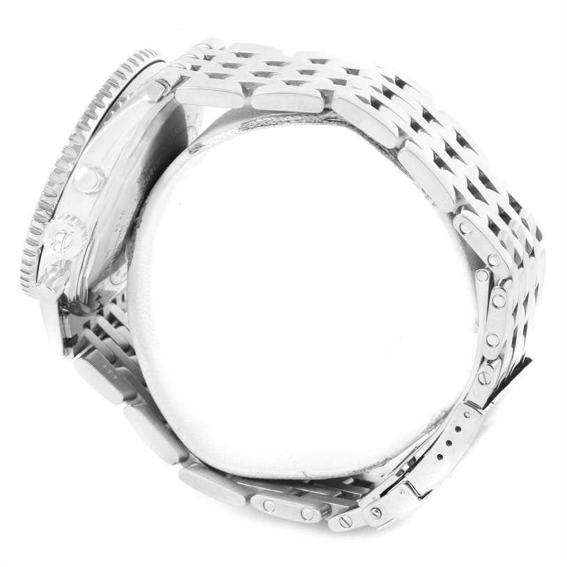 This side angle view shows the case and bracelet of the Breitling Navitimer A12022 Men
s Stainless Steel Black Dial A12022 Men
s Stainless Steel Black Dial watch.