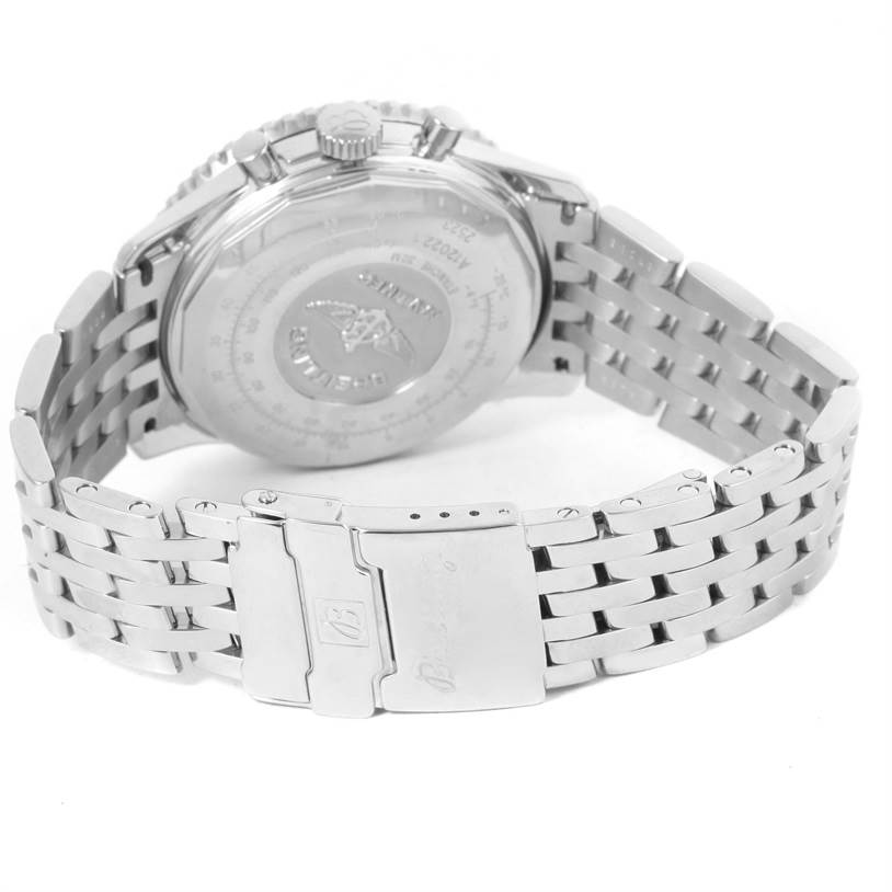 The image shows the back case and bracelet clasp of a Breitling Navitimer A12022 Men
s Stainless Steel Black Dial A12022 Men
s Stainless Steel Black Dial watch at a slightly lifted rear angle.