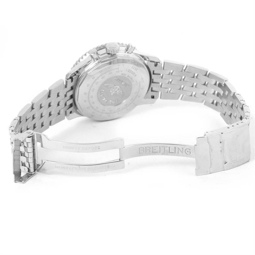 This image shows the rear and partially-open bracelet of a Breitling Navitimer A12022 Men
s Stainless Steel Black Dial A12022 Men
s Stainless Steel Black Dial watch, highlighting its back case and clasp.