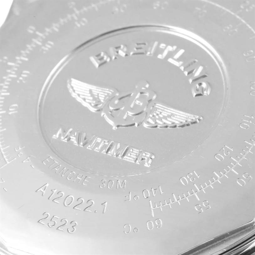 Close-up of the case back of a Breitling Navitimer A12022 Men
s Stainless Steel Black Dial A12022 Men
s Stainless Steel Black Dial watch, displaying the model name, logo, and various inscriptions.