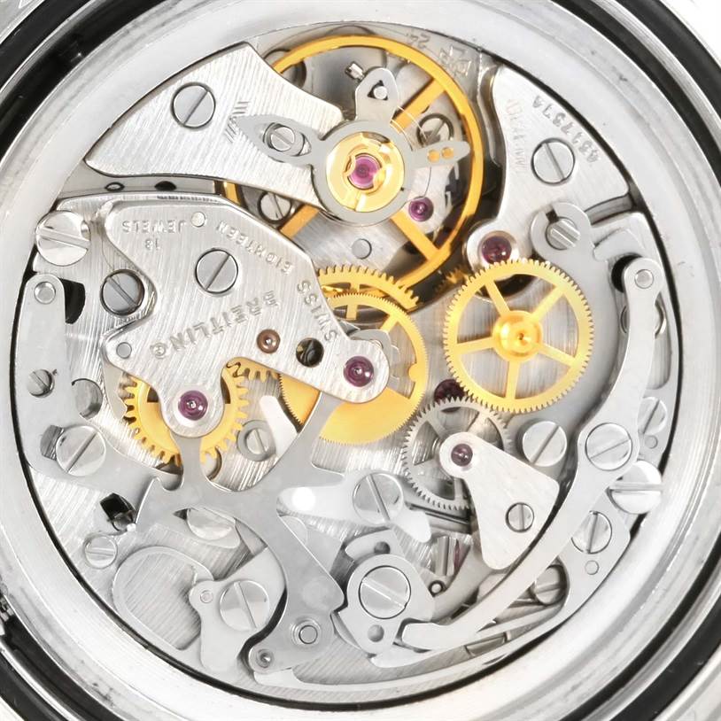 This image shows a detailed view of the internal mechanical movement of a Breitling Navitimer A12022 Men
s Stainless Steel Black Dial A12022 Men
s Stainless Steel Black Dial watch.