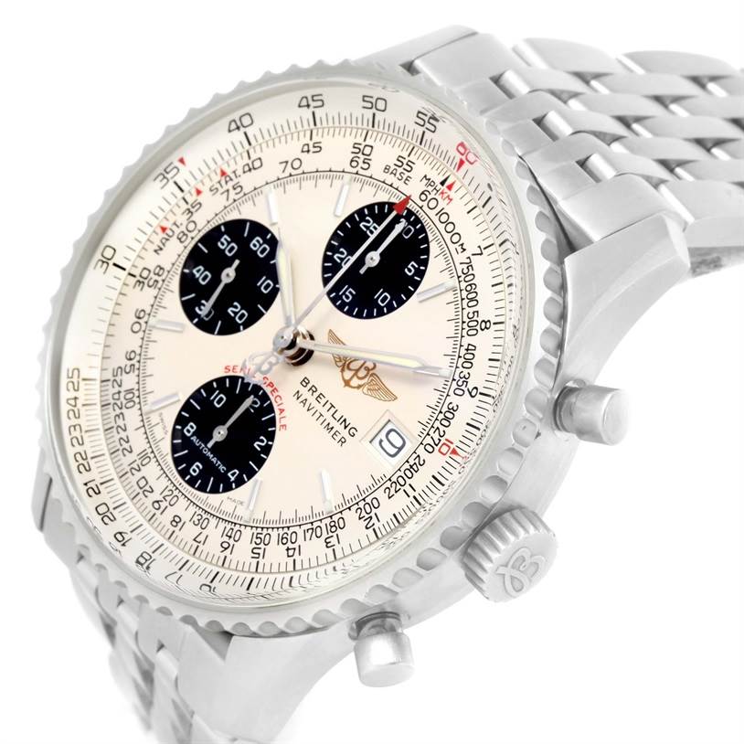 The image shows a close-up angle of the Breitling Navitimer A13330 Men
s Stainless Steel Silver Dial A13330 Men
s Stainless Steel Silver Dial watch, highlighting the dial, bezel, pushers, and part of the bracelet.