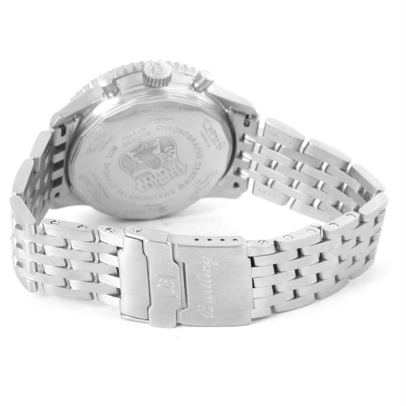 The image shows the back case and metal bracelet of the Breitling Navitimer A13330 Men
s Stainless Steel Silver Dial A13330 Men
s Stainless Steel Silver Dial watch taken from a rear angle.