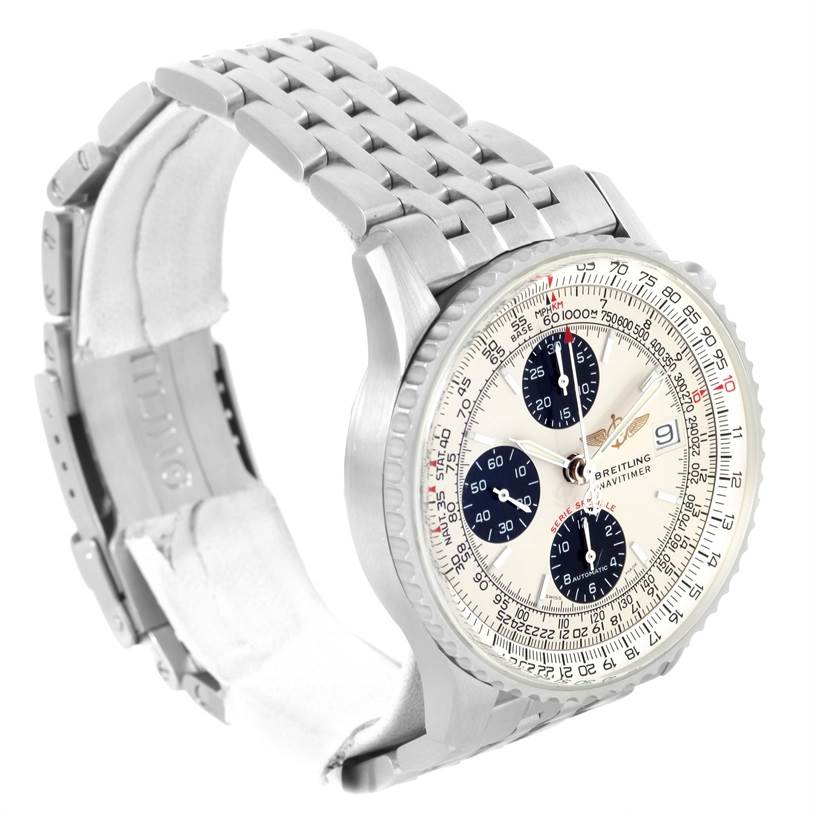The Breitling Navitimer A13330 Men
s Stainless Steel Silver Dial A13330 Men
s Stainless Steel Silver Dial watch is shown from an angled side view, highlighting its face and metal strap.