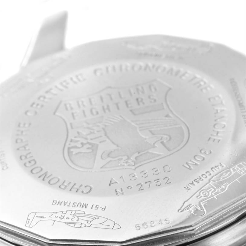 The image shows a close-up of the engraved case back of a Breitling Navitimer A13330 Men
s Stainless Steel Silver Dial A13330 Men
s Stainless Steel Silver Dial watch.