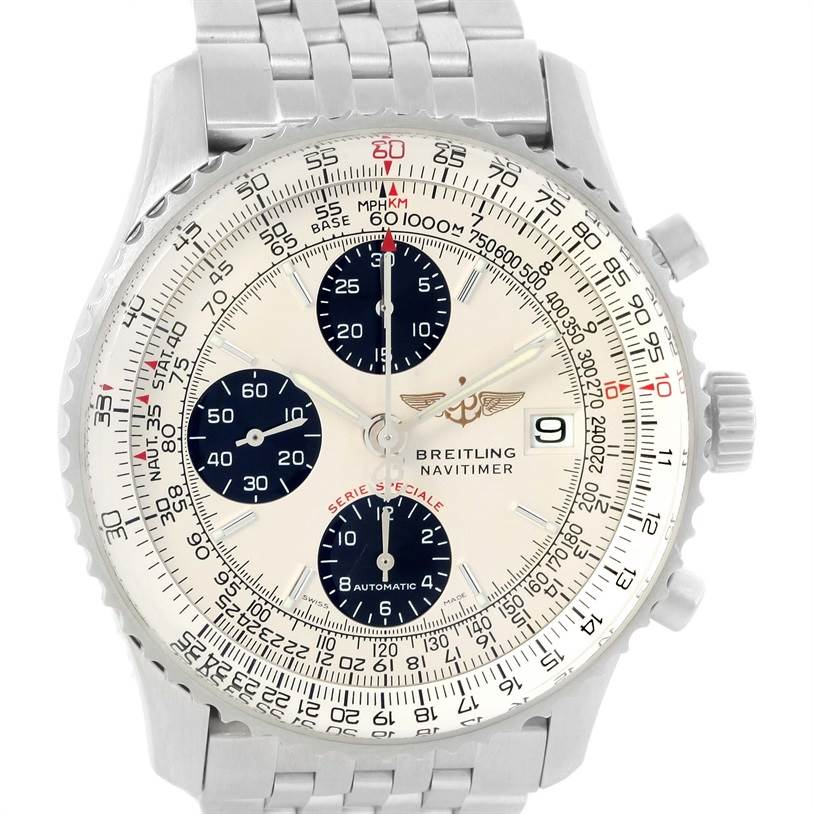 The image shows a front view of the Breitling Navitimer A13330 Men
s Stainless Steel Silver Dial A13330 Men
s Stainless Steel Silver Dial watch, displaying its dial, chronographs, and metal bracelet.