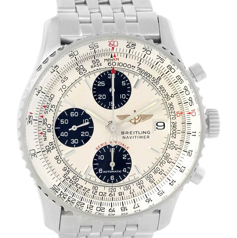 The image shows a front view of the Breitling Navitimer watch, displaying its dial, chronographs, and metal bracelet.