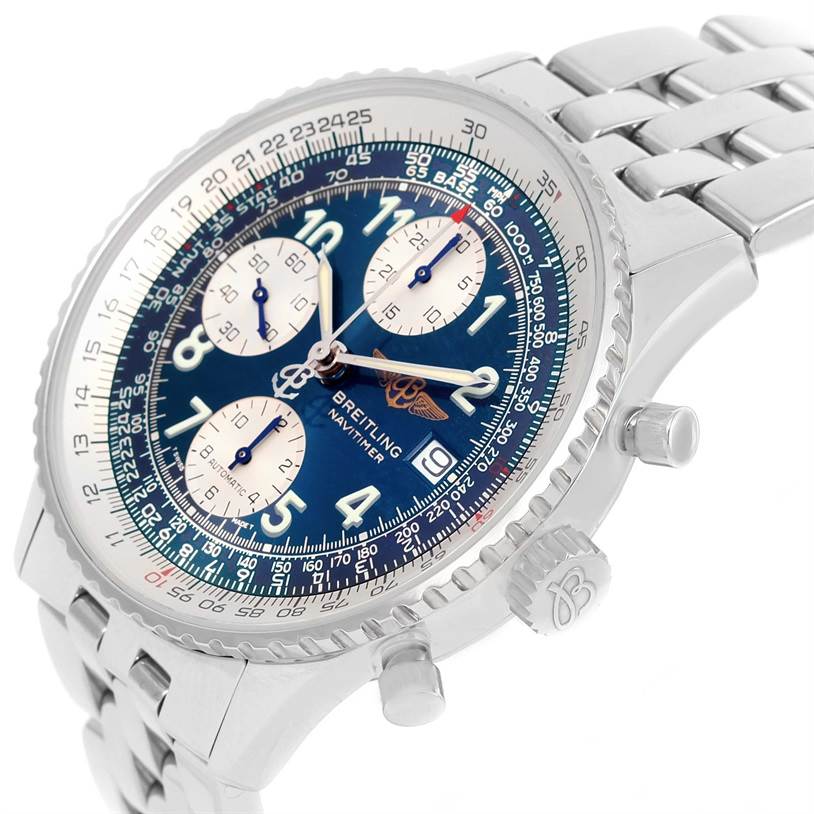 The Breitling Navitimer A13022 Men
s Stainless Steel Blue Dial A13022 Men
s Stainless Steel Blue Dial watch is shown from an angled side view, displaying its face, bezel, crown, pushers, and part of the bracelet.