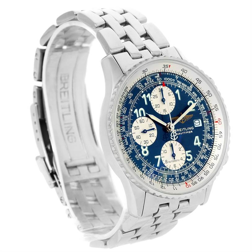 The image shows the front and side of the Breitling Navitimer A13022 Men
s Stainless Steel Blue Dial A13022 Men
s Stainless Steel Blue Dial watch, focusing on the dial, bezel, and partially opened bracelet.