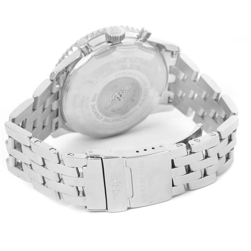The image shows the back case and bracelet of a Breitling Navitimer A13022 Men
s Stainless Steel Blue Dial A13022 Men
s Stainless Steel Blue Dial watch from an angled rear view.