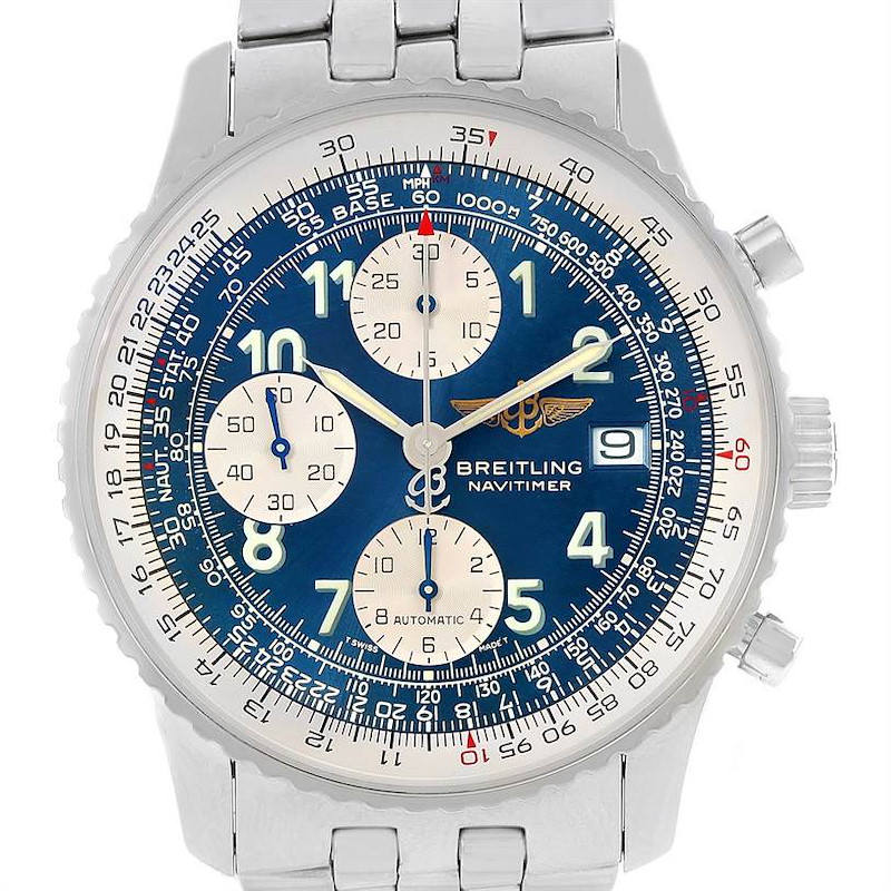 This image shows a front view of a Breitling Navitimer watch, highlighting the dial, subdials, bezel, and part of the bracelet.