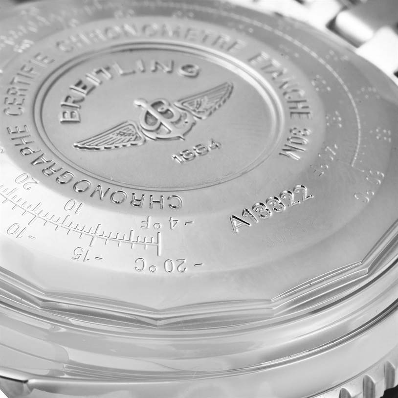 The image shows the engraved back case of a Breitling Navitimer A13022 Men
s Stainless Steel Blue Dial A13022 Men
s Stainless Steel Blue Dial watch. 