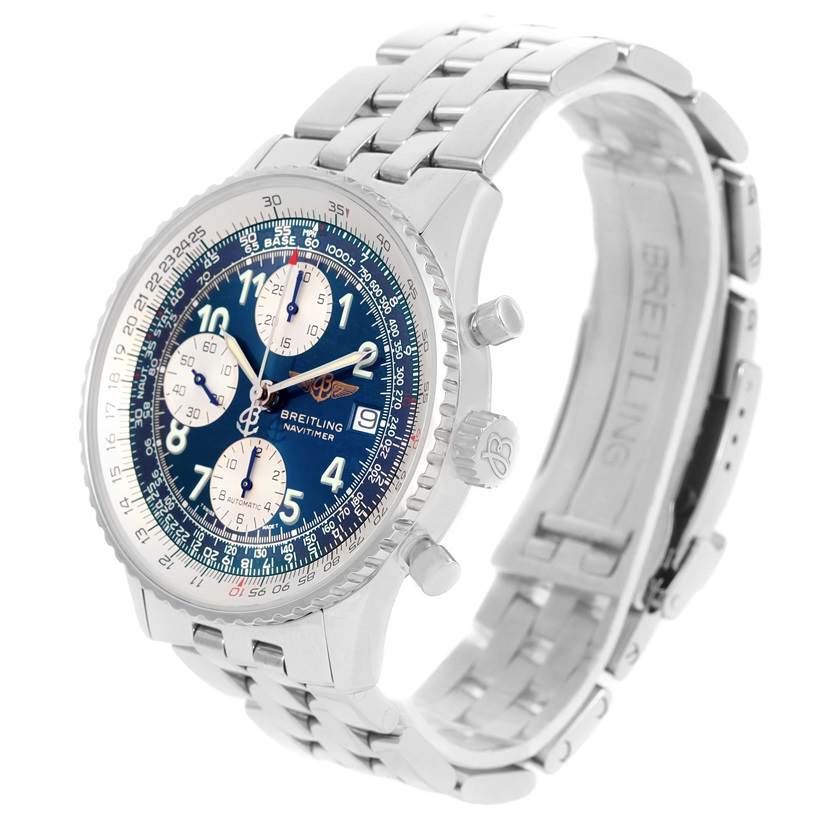This image shows a Breitling Navitimer A13022 Men
s Stainless Steel Blue Dial A13022 Men
s Stainless Steel Blue Dial watch from a front-left angle, highlighting its blue dial, chronograph, and metal bracelet.