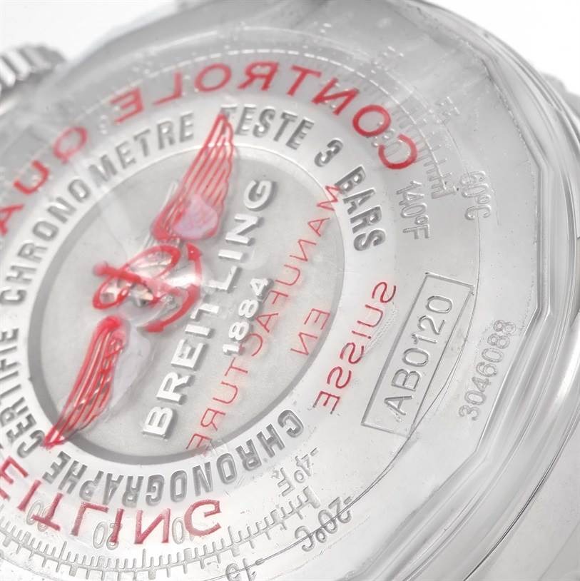 This image shows a close-up of the case back of a Breitling Navitimer AB0120 Men
s Stainless Steel Black Dial AB0120 Men
s Stainless Steel Black Dial watch, displaying various engravings and logos.