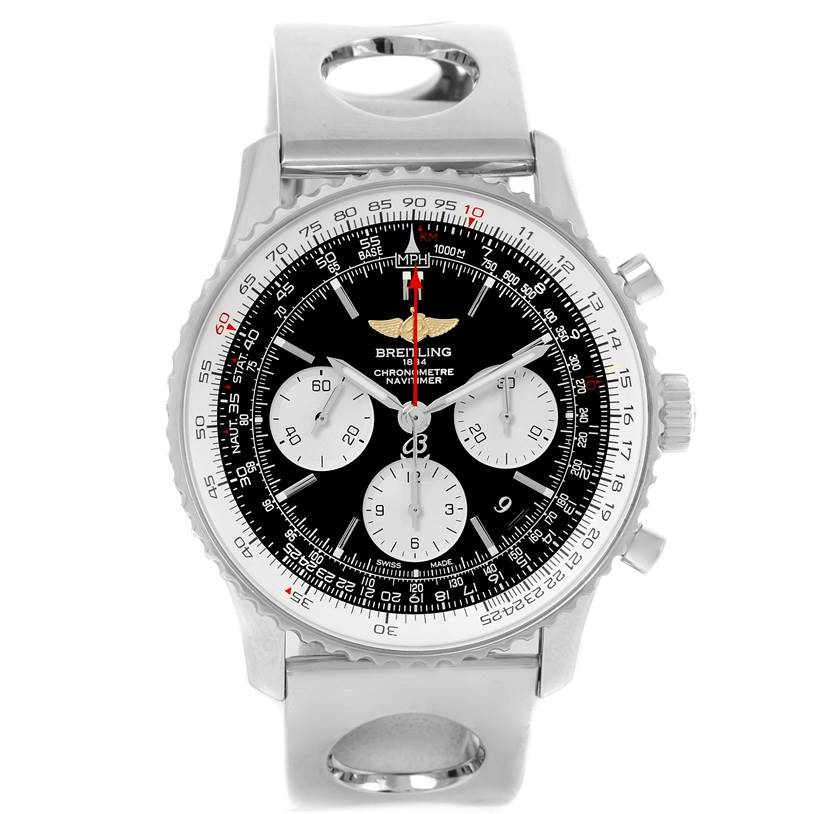 The image shows a front angle of a Breitling Navitimer AB0120 Men
s Stainless Steel Black Dial AB0120 Men
s Stainless Steel Black Dial watch displaying its face, bezel, and upper part of the strap.